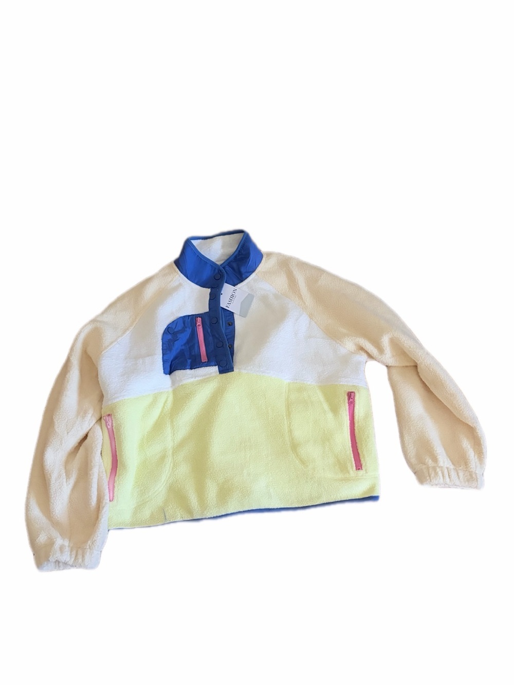 Colorblock Fleece Pullover Sweater in Cream, Yellow & Blue